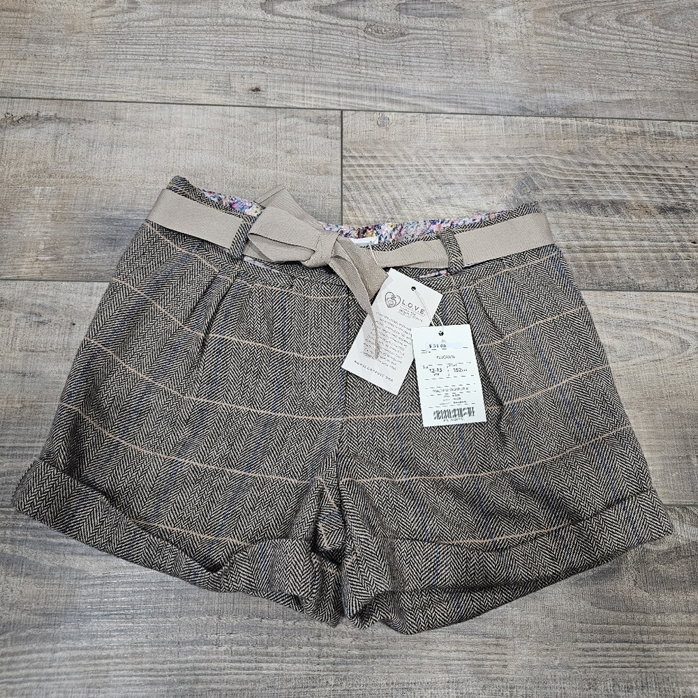 Monsoon Girls 12-13 Tweed Style Shorts Belted Brown Checked NWT